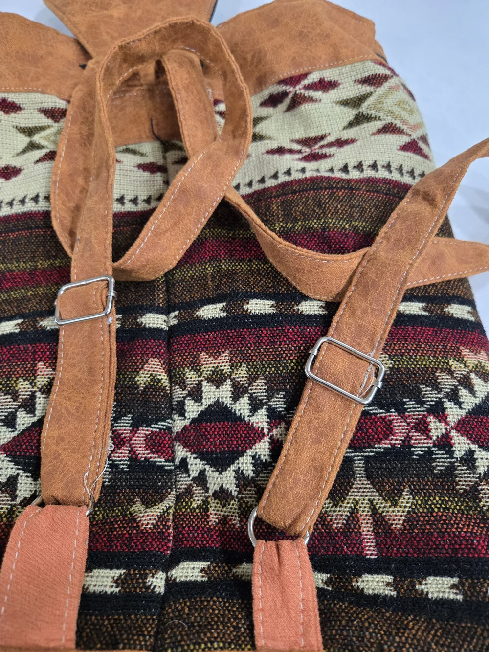Boho Tribal Canvas Backpack with Tan Suede Trim